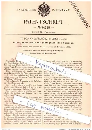 Original Patent - Ottmar Anschütz in Lissa / Leszno , Posen , 1890 , Jaousieverschluß für Cameras !!!