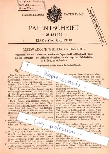Original Patent  - Gustav Adolph Wedekind in Hamburg , 1905 , Eisenchlorid !!!