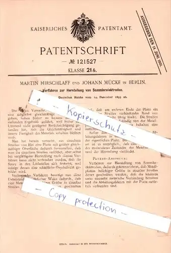 Original Patent  - Martin Hirschlaff und Johann Mücke in Berlin , 1899 , Sammlerelektroden !!!