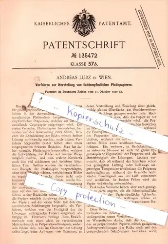 Original Patent  - Andreas Lurz in Wien , 1900 , Herstellung von Platinpapieren !!!