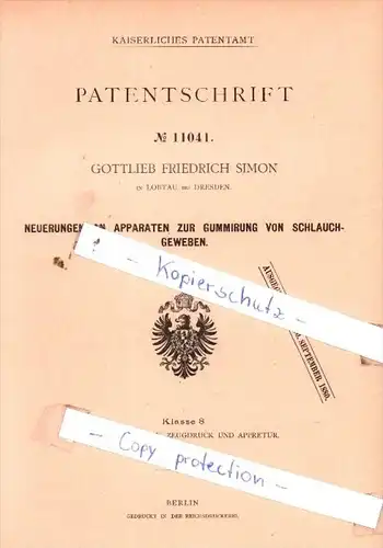 Original Patent  - G. Friedrich Simon in Löbtau bei Dresden , 1880 , Apparaten zur Gummirung  !!!