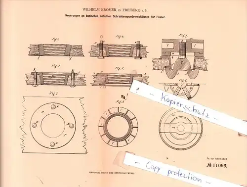 Original Patent  - W. Kromer in Freiburg i. B. , 1880 ,  Schraubenspundverschlüsse für Fässer !!!