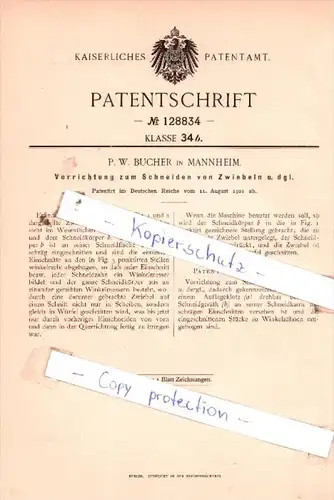 Original Patent  - P. W. Bucher in Mannheim , 1901 , Vorrichtung zum Schneiden von Zwiebeln !!!