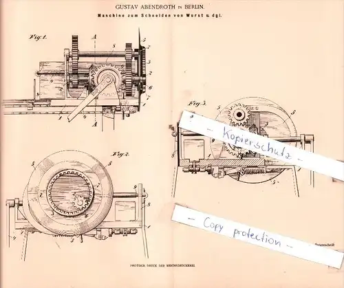 Original Patent  - Gustav Abendroth in Berlin , 1901 , Maschine zum Schneiden von Wurst !!!