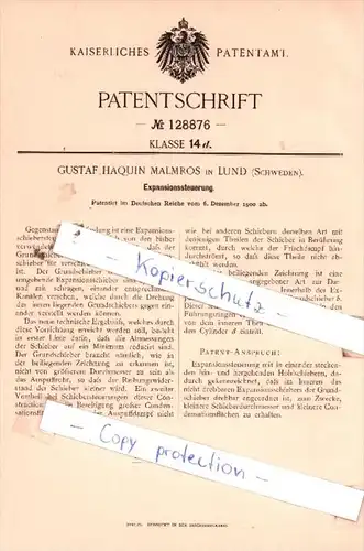 Original Patent  - Gustav Haquin Malmros in Lund , Schweden , 1900 ,  Expansionssteuerung !!!