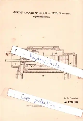 Original Patent  - Gustav Haquin Malmros in Lund , Schweden , 1900 ,  Expansionssteuerung !!!