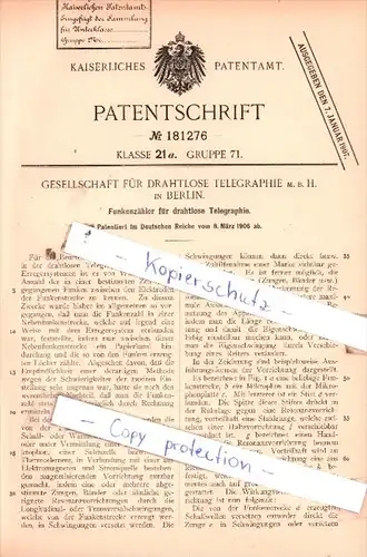 Original Patent  - Gesellschaft für Drahtlose Telegraphie m. b. H. in Berlin , 1906 , !!!