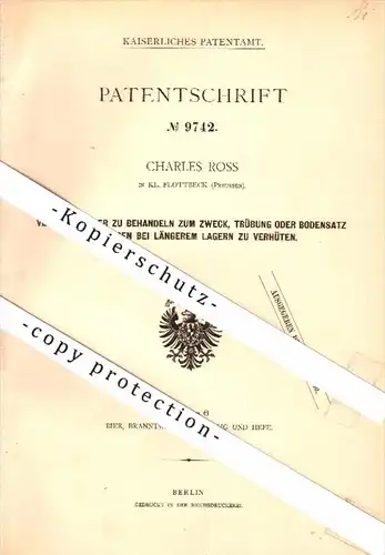 Original Patent - Charles Ross in Teufelsbrücke b. Altona / Hamburg , 1879 , Behandlung von Bier , Brauerei , Flottbek