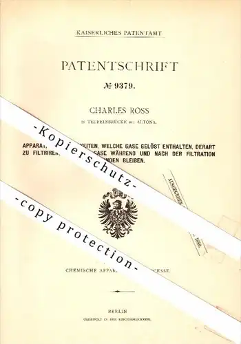 Original Patent - Charles Ross in Teufelsbrücke b. Altona / Hamburg , 1879 , Filterapparat für Gase !!!