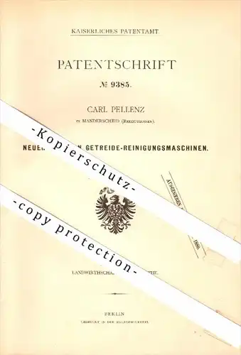 Original Patent - Carl Pellenz in Manderscheid , 1879 , Getreide - Reinigungsmaschine , Agrar , Bernkastel-Wittlich !!!