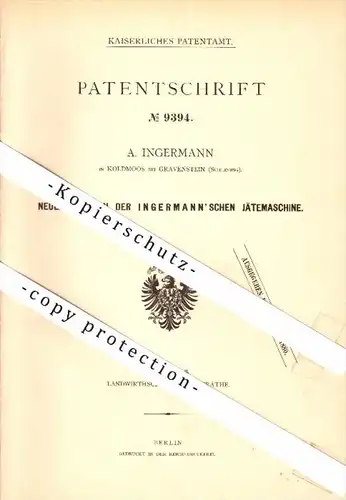 Original Patent - A. Ingermann in Koldmoos b. Gravenstein / Grasten , 1879 , Jätemaschine , Agrar , Dänemark !!!