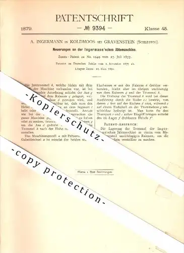 Original Patent - A. Ingermann in Koldmoos b. Gravenstein / Grasten , 1879 , Jätemaschine , Agrar , Dänemark !!!