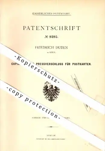 Original Patent - Friedrich Duden in Köln , 1879 , Pressverschluß für Postkarten , Ansichtskarte , AK , Postkarte !!!