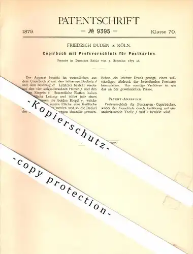 Original Patent - Friedrich Duden in Köln , 1879 , Pressverschluß für Postkarten , Ansichtskarte , AK , Postkarte !!!