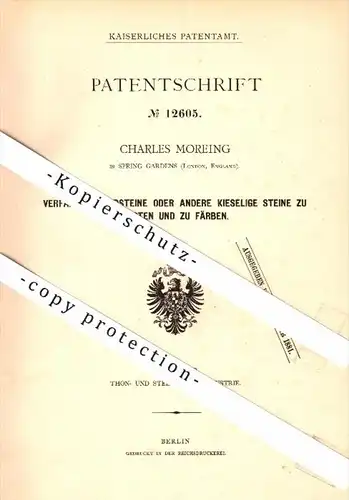 Original Patent - Charles Moreing in Spring Gardens , London , 1880 , Hardening of stones , England !!!