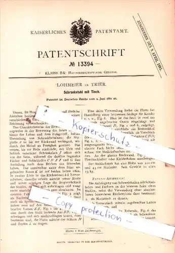 Original Patent  - Lohmeier in Trier , 1880 , Schrankstuhl mit Tisch !!!