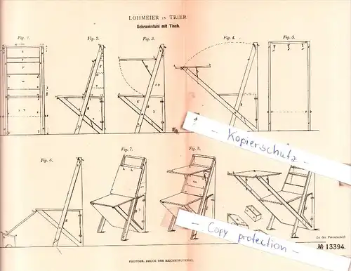 Original Patent  - Lohmeier in Trier , 1880 , Schrankstuhl mit Tisch !!!