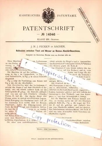 Original Patent  - J. M. J. Fecken in Aachen , 1880 , Gerberei !!!