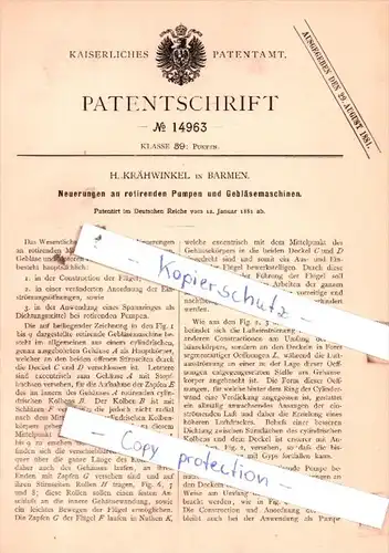 Original Patent  - H. Krähwinkel in Barmen , 1881 , Pumpen !!!