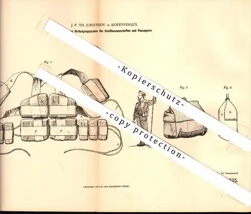 Original Patent - J.P. Johansen in Kopenhagen , 1880 , Rettungsapparat für Schiffsmannschaft , Schiffsrettung , DGzRS !!