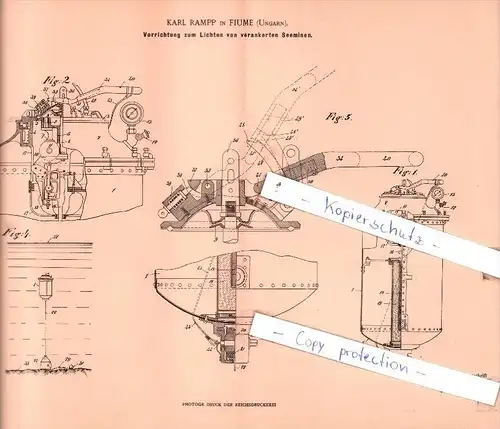 Original Patent  -  Karl Rampp in Fiume , Ungarn , 1899 , Vorrichtung zum Lichten von Seeminen !!!