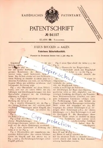 Original Patent  - Julius Brucker in Aalen , 1894 , Federloses Sicherheitsschloß !!!