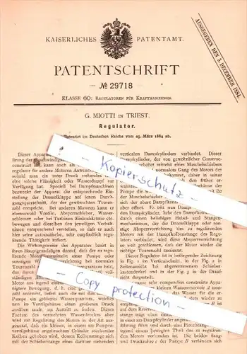 Original Patent  - G. Miotti in Triest , 1884 , Regulatoren für Kraftmaschinen !!!