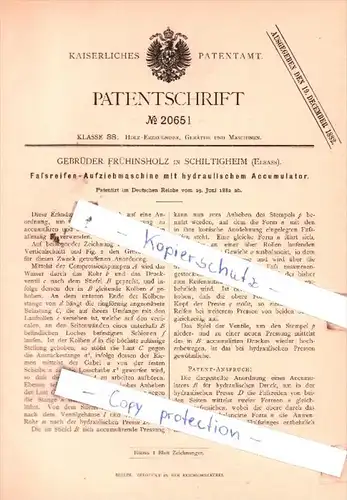 Original Patent  - Gebrüder Frühinsholz in Schiltigheim , Elsass , 1882 , Holz-Erzeugnisse !!!