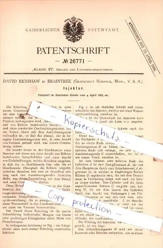 Original Patent  -  David Renshaw in Braintree , Grafschaft Norfolk , 1883 , Injektor !!!