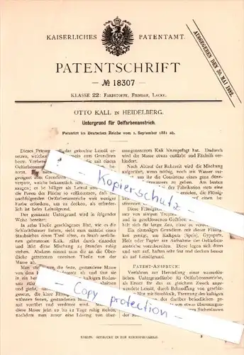 Original Patent  - Otto Kall in Heidelberg , 1881 ,  Untergrund für Oelfarbenanstrich !!!