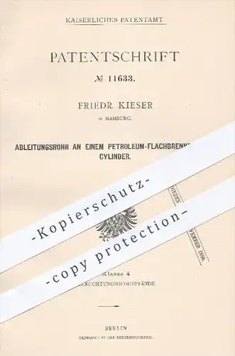 original Patent - Friedr. Kieser , Hamburg , 1880 , Ableitungsrohr am Petroleum - Flachbrenner ohne Zylinder | Brenner !