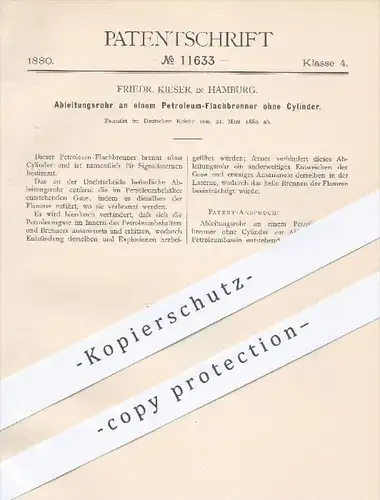 original Patent - Friedr. Kieser , Hamburg , 1880 , Ableitungsrohr am Petroleum - Flachbrenner ohne Zylinder | Brenner !