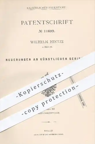 original Patent - Wilhelm Hintze , Berlin  1880 , künstliche Gebisse | Gebiss , Zahn , Zähne , Arzt , Zahnarzt , Medizin