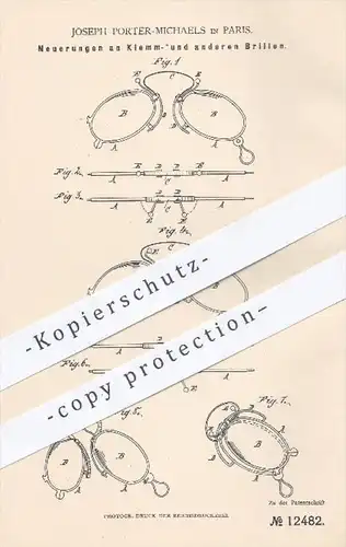 original Patent - Joseph Porter Michaelis , Paris , 1880 , Klemmbrillen , Brille , Brillen | Optiker , Augenoptiker !!!