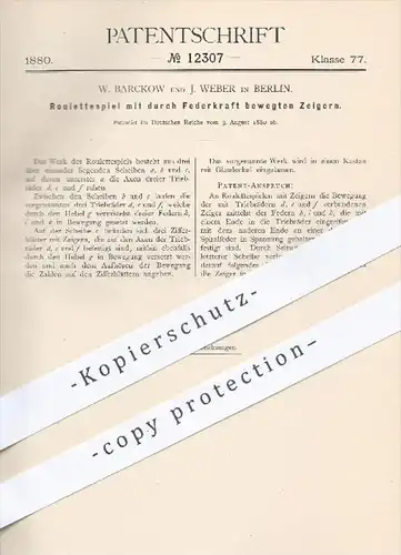 original Patent - W. Barckow , J. Weber , Berlin , 1880 , Roulettespiel mit durch Federkraft bewegten Zeigern | Roulette