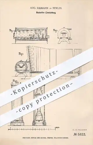 original Patent - Aug. Riemann , Berlin , 1878 , Badeofen | Ofen , Öfen , Heizung , Ofenbauer , Kessel , Rauchrohr !!!