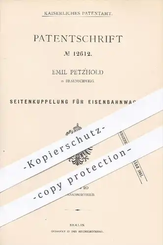 original Patent - E. Petzold , Braunschweig , 1878 , Seitenkupplung für Eisenbahnen | Eisenbahn , Kupplung , Lokomotive