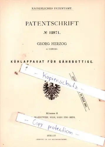 Original Patent  - Georg Herzog in Coburg , 1880 , Kühlapparat für Gährbottige !!!