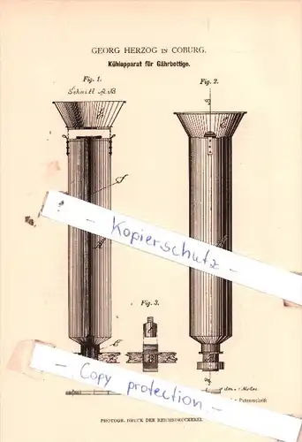 Original Patent  - Georg Herzog in Coburg , 1880 , Kühlapparat für Gährbottige !!!
