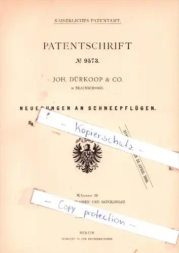 Original Patent  - Joh. Dürkoop & Co. in Braunschweig , 1879 , Neuerungen an Schneepflügen !!!