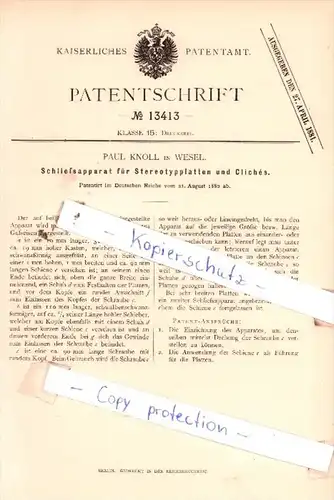 Original Patent  - Paul Knoll in Wesel , 1880 , Druckerei !!!