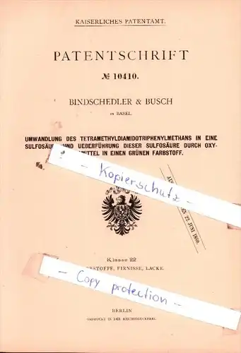 Original Patent  - Bindschedler & Busch in Basel , 1879 , Tetramethyldiamidotriphenylmethans !!!