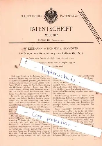 Original Patent  - W. Kleemann in Döhren b. Hannover , 1895 , Fettindustrie !!!