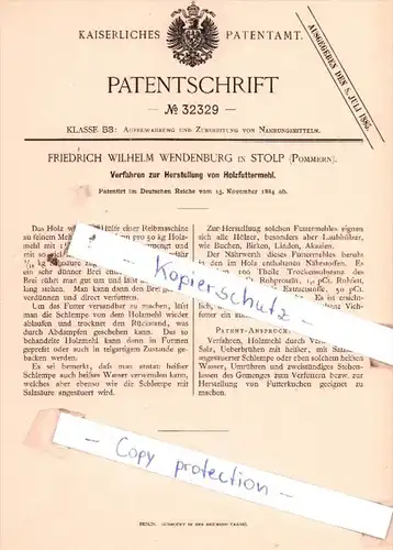 Original Patent  - Friedrich Wilhelm Wendenburg in Stolp , Pommern , 1884 , Holzfuttermehl !!!