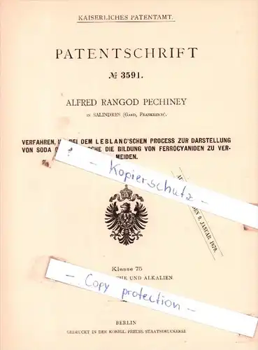 Original Patent  - A. Rangod Pechiney in Salindres , 1878 , Bildung von Ferrocyaniden vermeiden !!!