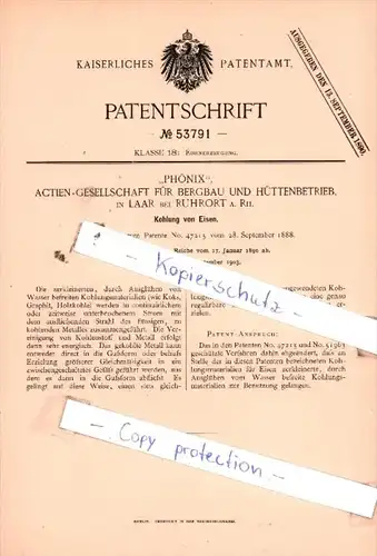 Original Patent  - "Phönix", Actien-Gesellschaft für Bergbau und Hüttenbetrieb, in Laar bei Ruhrort !!!