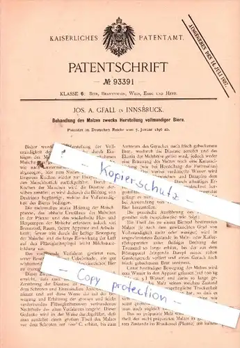 Original Patent  -  Jos. A. Gfall in Innsbruck , 1896 , Herstellung vollmundiger Biere !!!