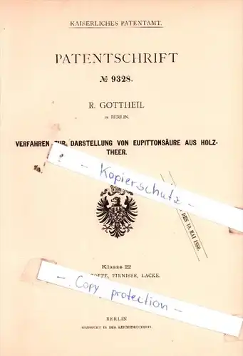 Original Patent  -  R. Gottheil in Berlin , 1878 , Verfahren zur Darstellung von Eupittonsäure !!!