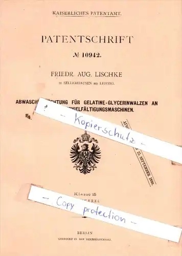 Original Patent  - Friedr. Aug. Lischke in Sellerhausen bei Leipzig , 1879 , !!!