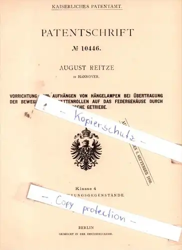 Original Patent  - August Reitze in Hannover , 1879 , Aufhängen von Hängelampen !!!